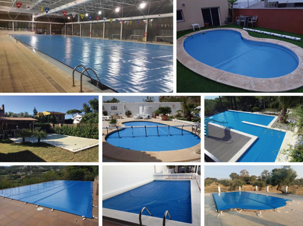 Different types of large buoyancy covers to protect the pools during the summer.
